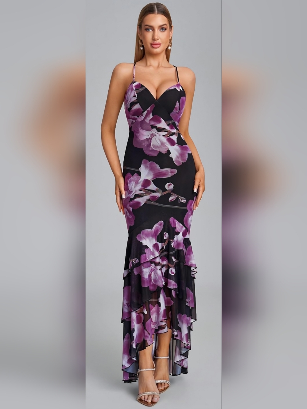 Floral Bodycon Maxi Dress Size L (8–10) V Neck Tie Back Cocktail Formal - Picture 3 of 5